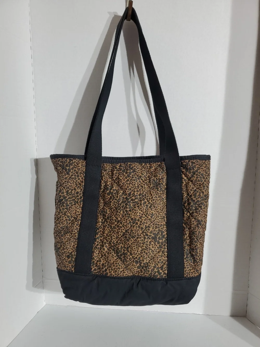 Lands End Leopard Print Canvas Tote Bag with Black Trim